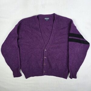 Vintage 80s Lands End Cardigan Mens Large Purple Wool Blend Varsity Preppy 70s
